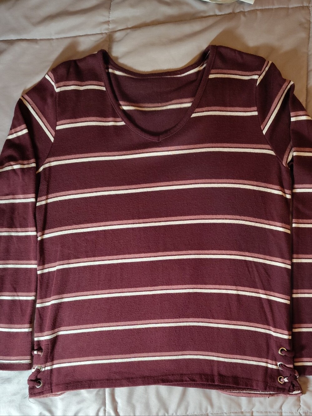 Women's Long-Sleeve Striped V-Neck Shirt - Burgundy and White